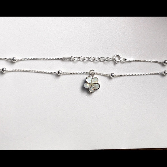 Sterling Silver Opal Plumeria Flower Anklet - Picture 7 of 8